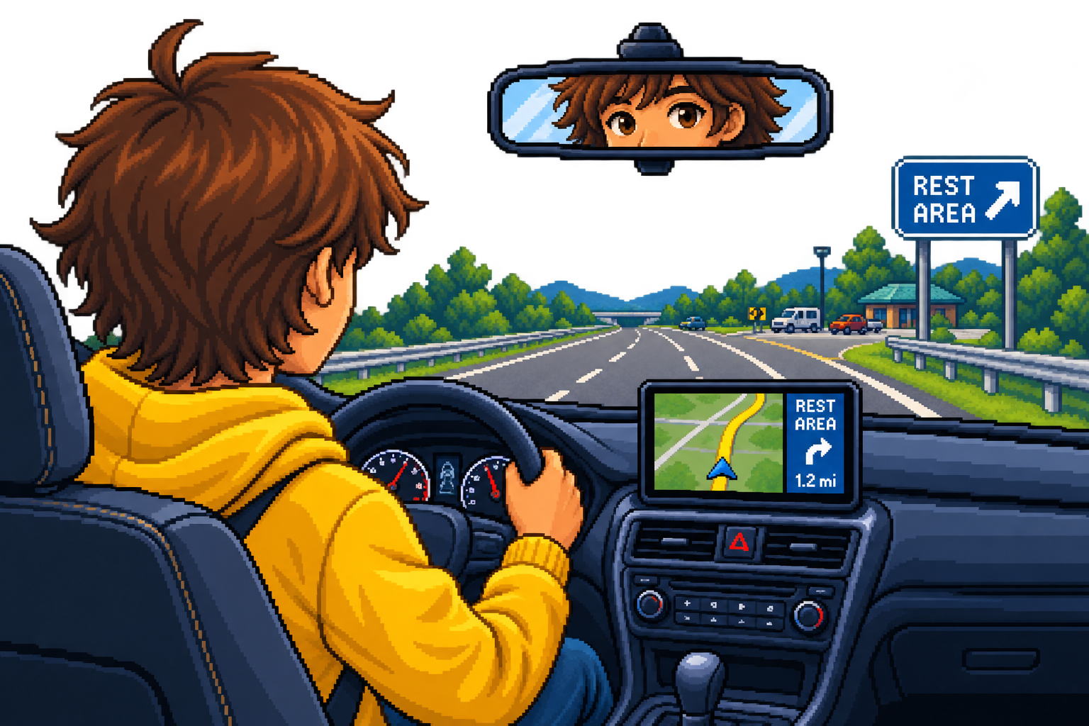 Pixel-art scene of Parker driving with a rest area sign ahead.