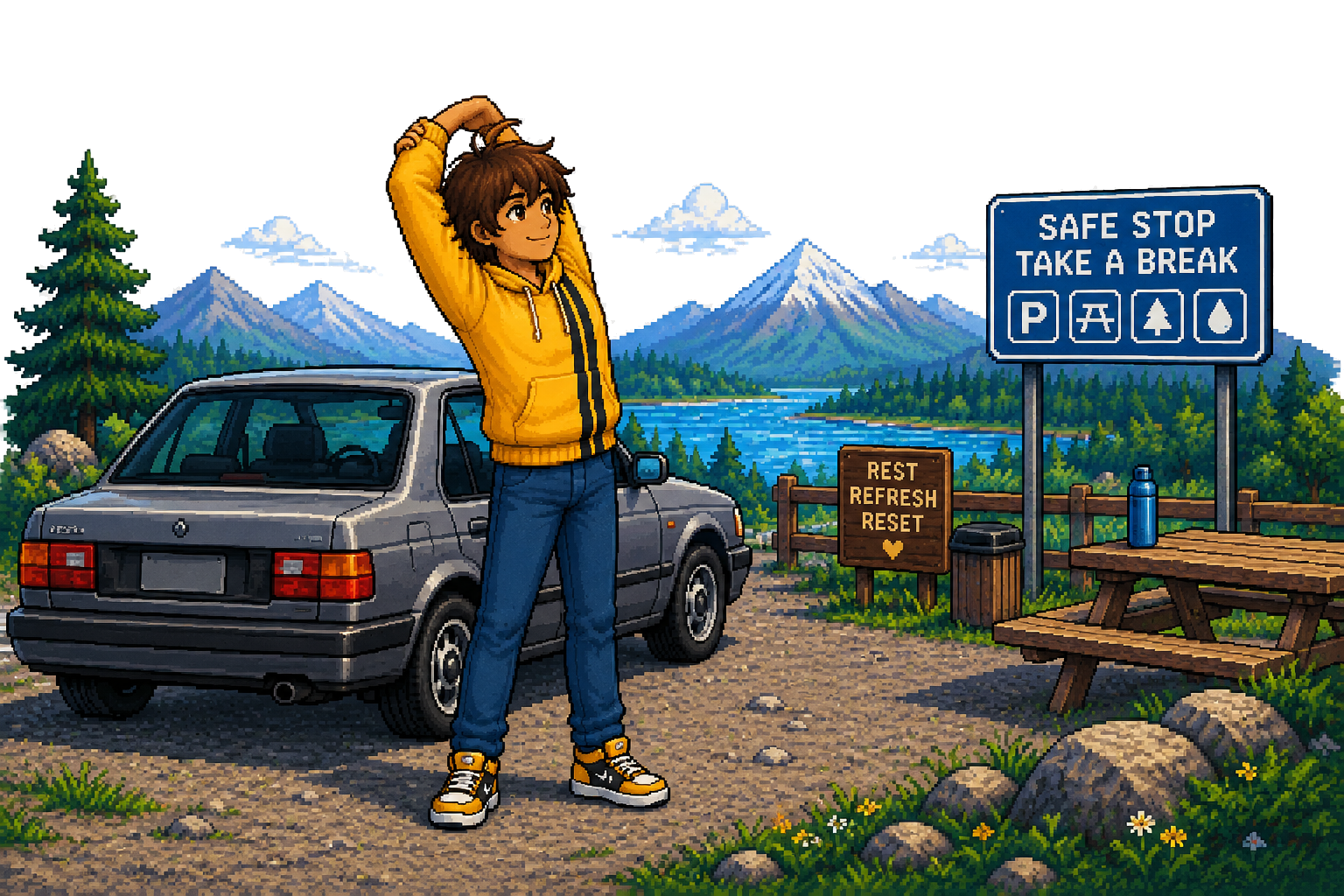 Pixel-art scene of Parker stretching beside a parked car at a safe scenic stop.