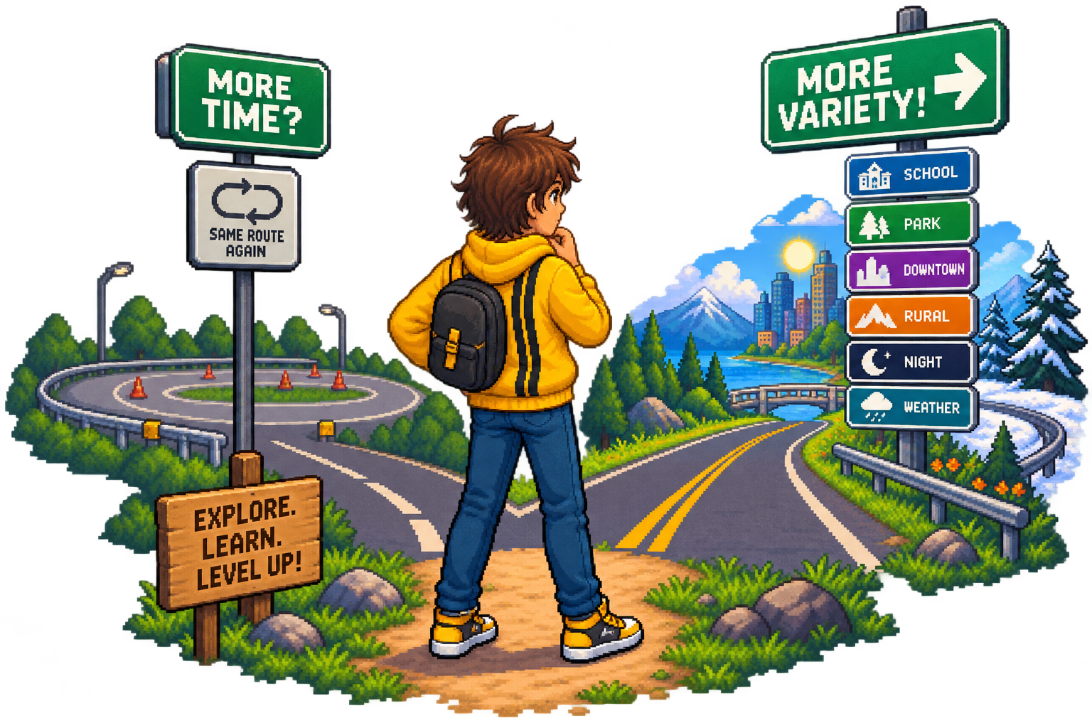 Pixel-art scene of Parker at a crossroads choosing more variety instead of simply more time.
