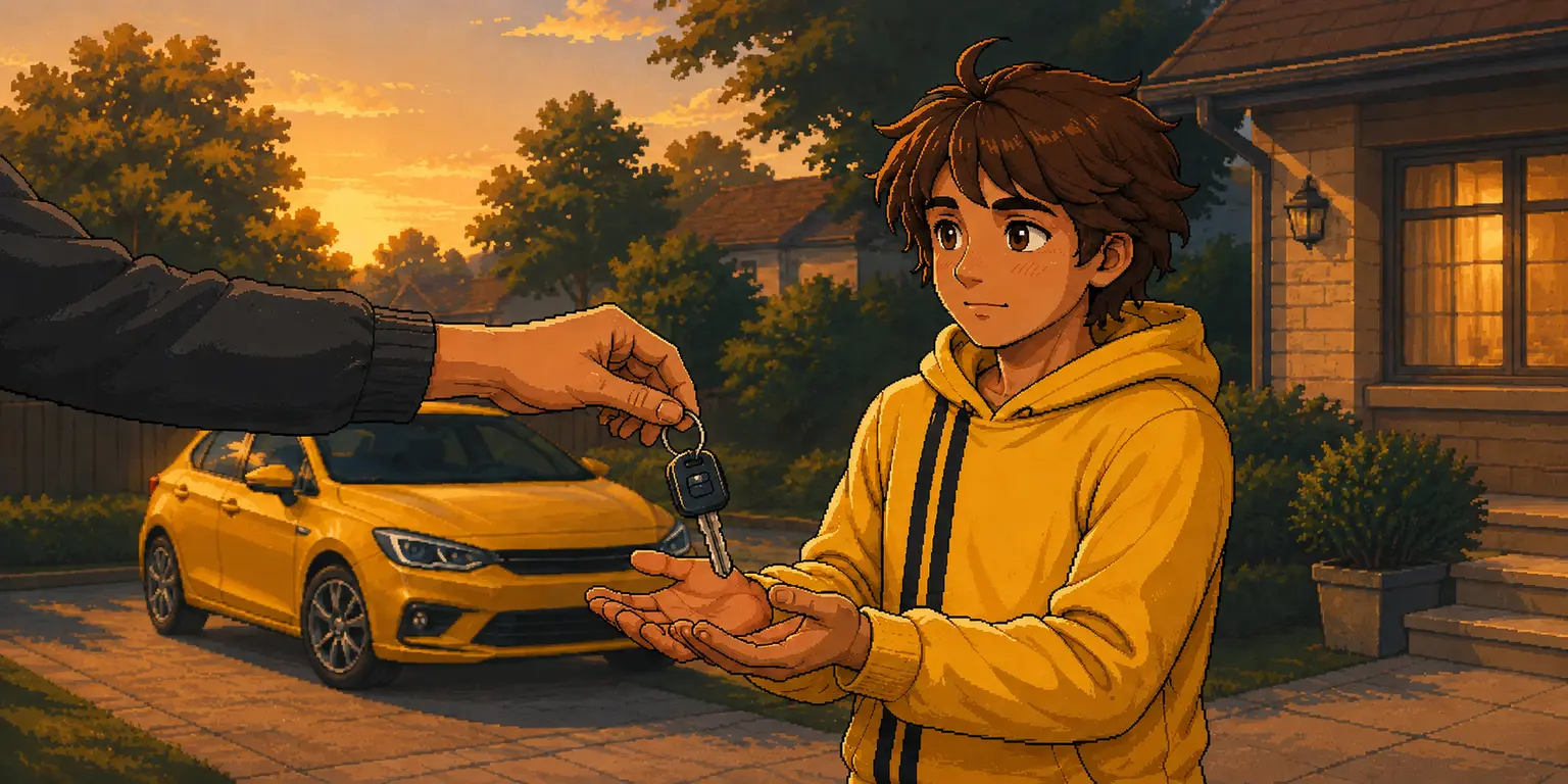 A grown-up hands car keys to Parker, who accepts them carefully with both hands beside a parked car.
