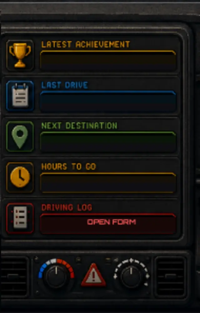 Current Drive Venture Sheets dashboard detail showing achievement, last drive, next destination, hours remaining, and driving log controls.