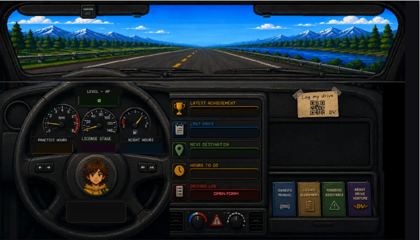 Current Drive Venture Sheets dashboard showing practice hours, nighttime hours, level, Road XP, achievements, recent drives, and the driving log entry point.