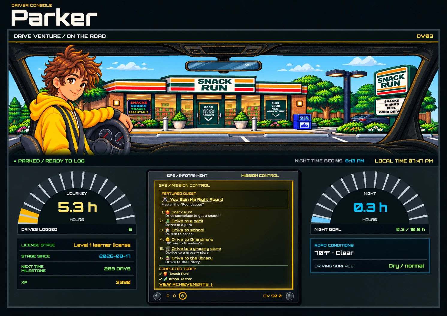 Drive Venture cockpit showing the road scene, Mission Control quests, practice hours, and night-driving progress.