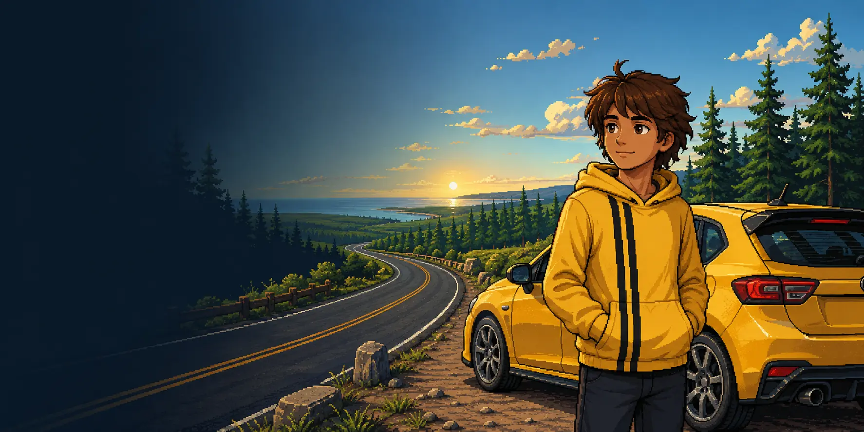 Parker stands beside a yellow car on an open road at sunset
